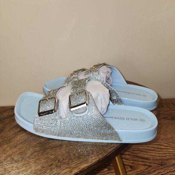 NWB Blue and Rhinestone Double Strap Slide on Sandals - Picture 2 of 9